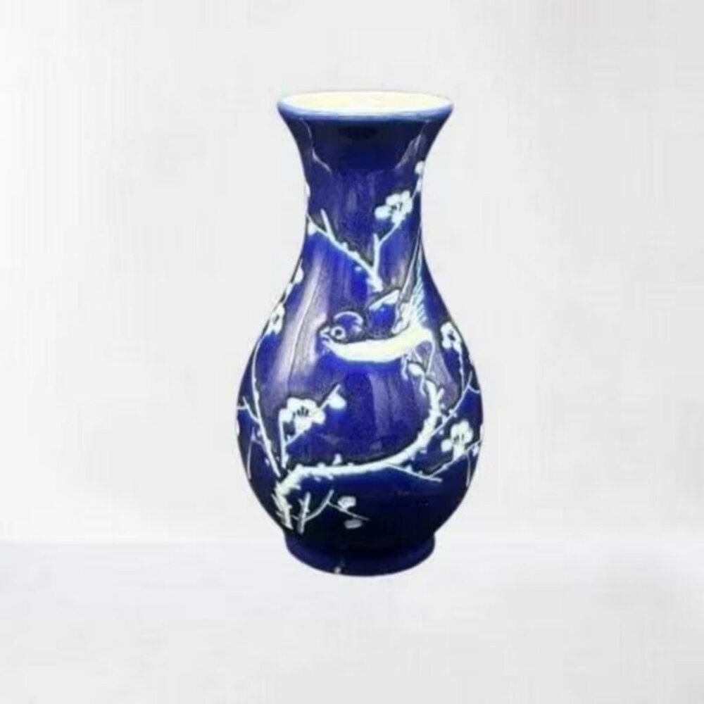 Vintage Chinese Porcelain Cobalt Blue Incised Cherry Blossom Bluebird Vase 8" - Picture 1 of 8